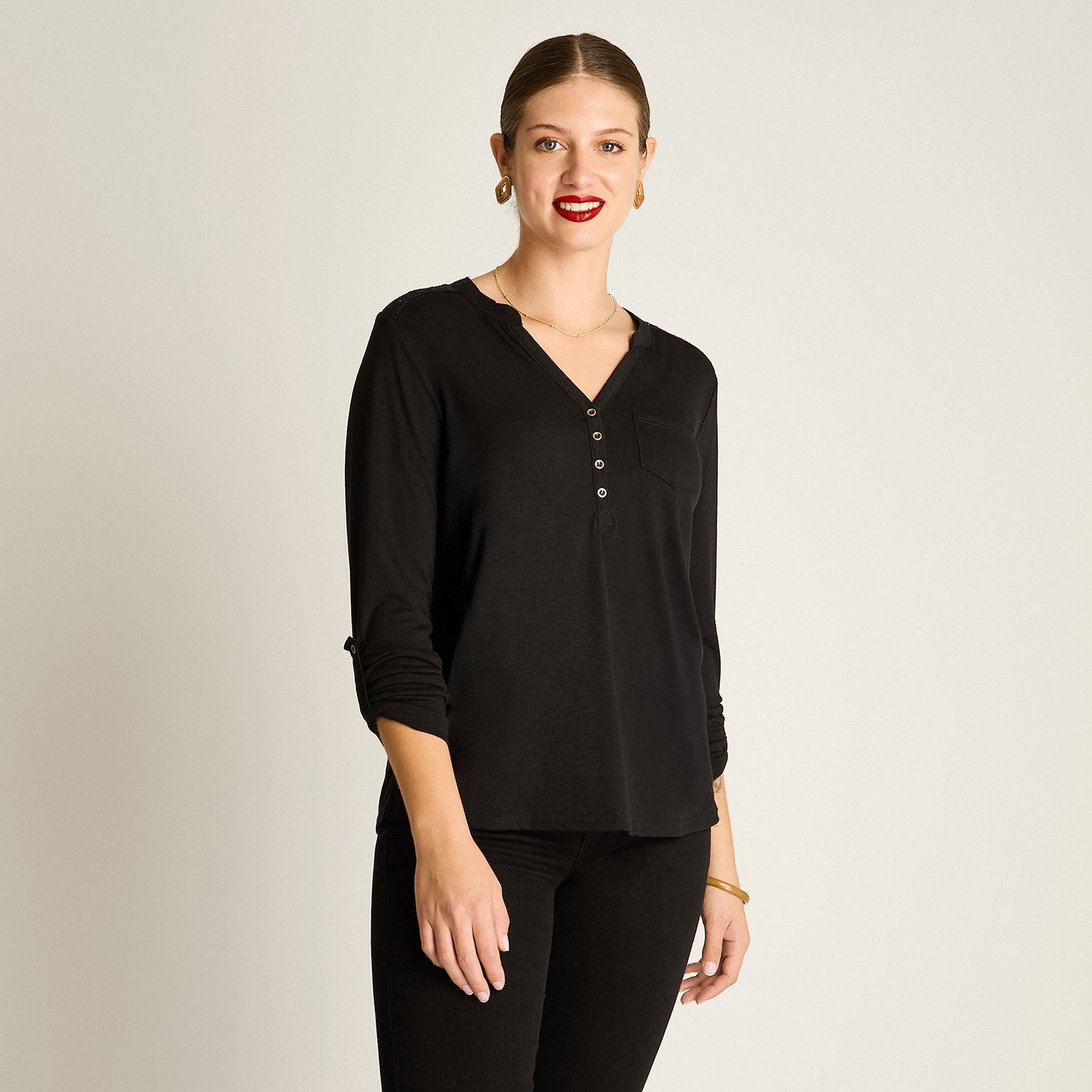 Polera Negro Manga Larga Elasticidad Media Sin Forro Calce Normal Tela Punto